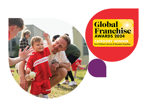 2024 Global Franchise Winner and child in Little Kickers kit celebrating